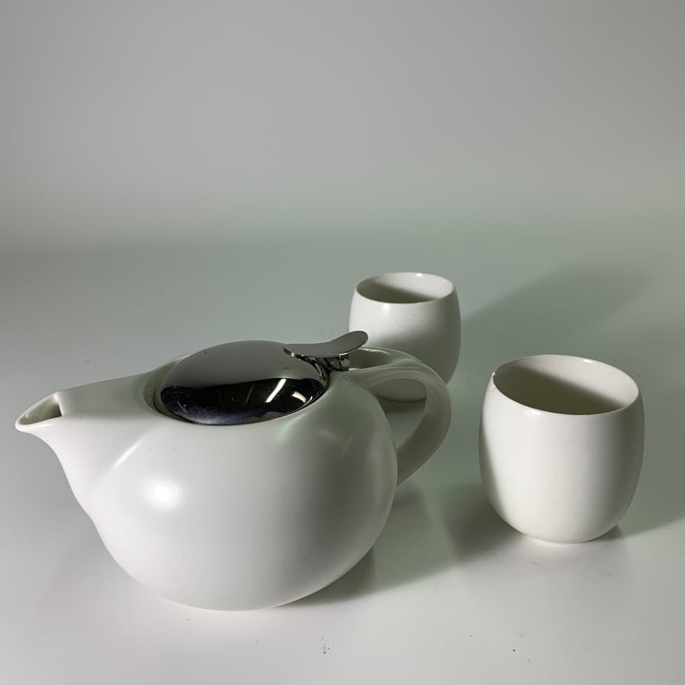 白色陶瓷下午茶杯盤1組 1壺2杯 不鏽鋼蓋子